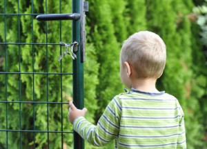 Junge im Garten vor Doppelstabmattenzaun Tor